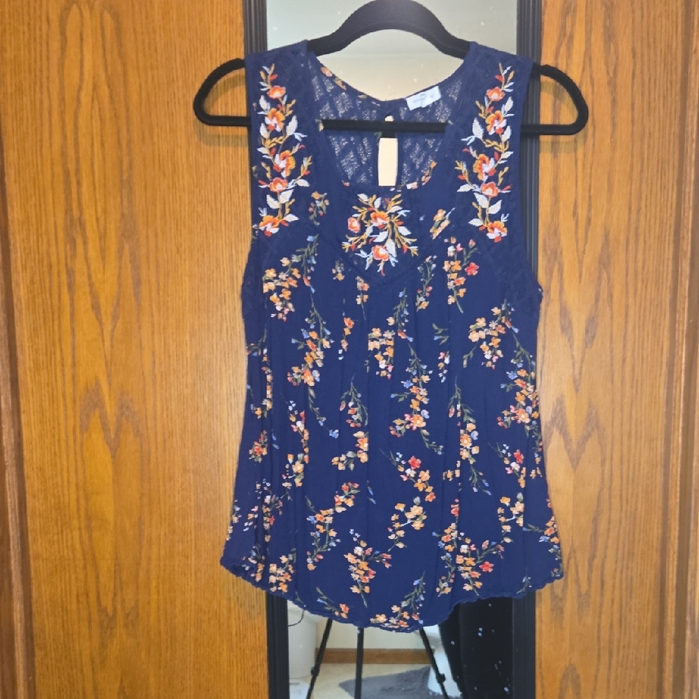Navy Floral Embroidered Sleeveless Blouse
